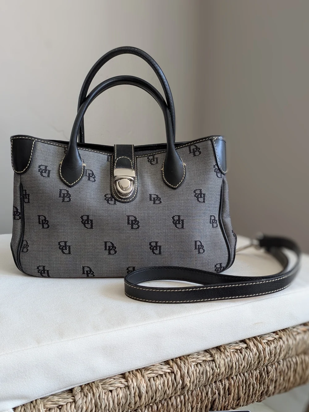 Dooney & Bourke Black and Gray Monogram Satchel With Detachable Shoulder Strap